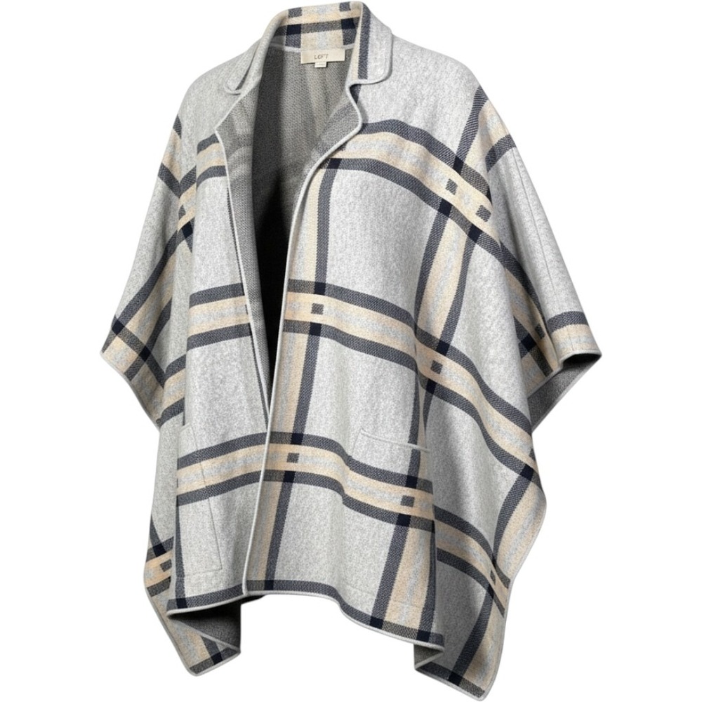 LOFT Plaid Knit Ruana Wrap M/L Gray Navy Beige Open Front Poncho Cardigan Cape
